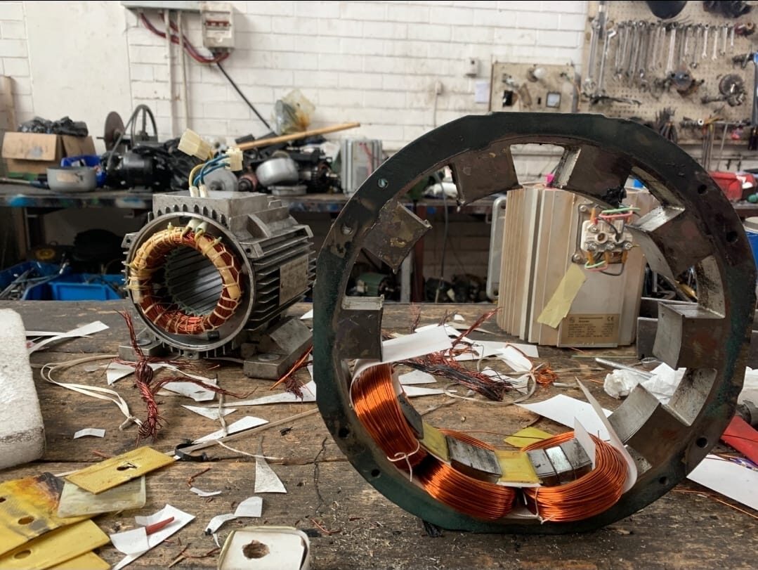 Motor stator and rotor rewinding close-up, Randburg workshop